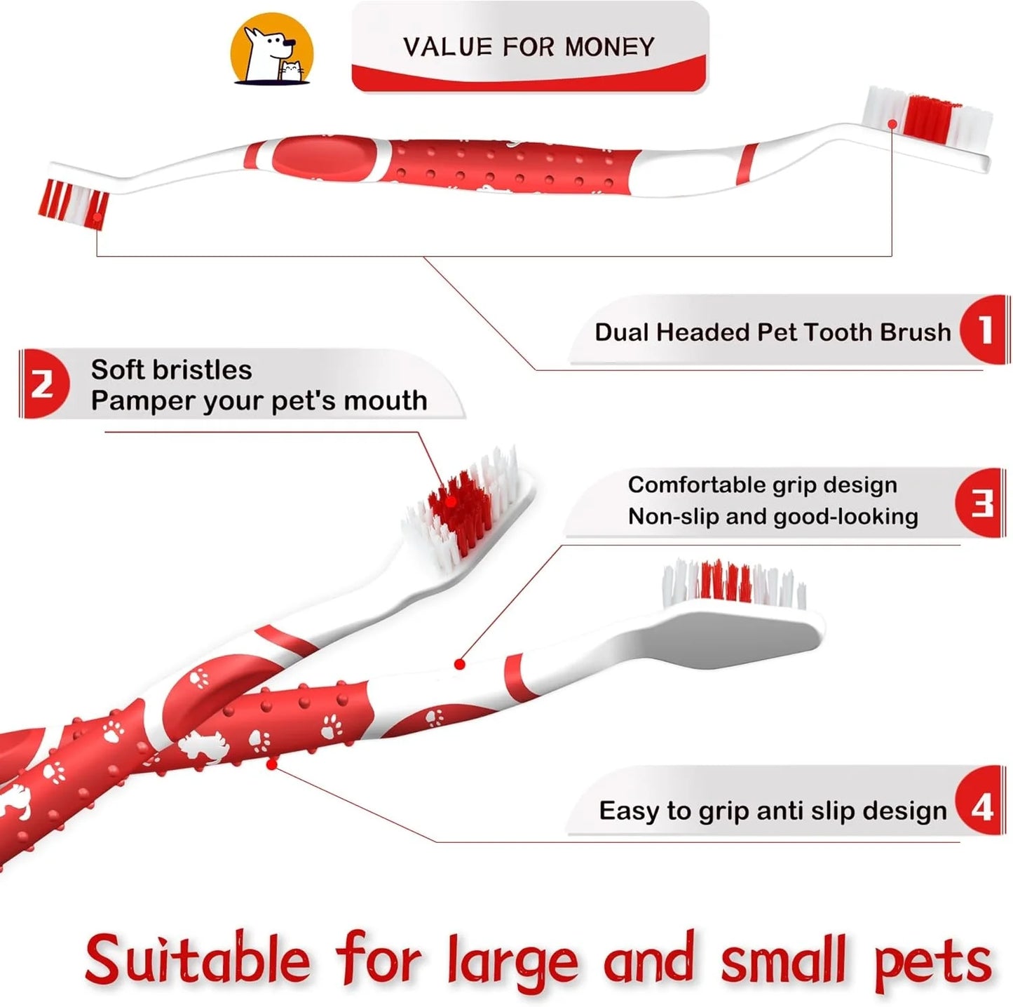 Non-Slip Dual Head Dog Toothbrush with Soft Bristles