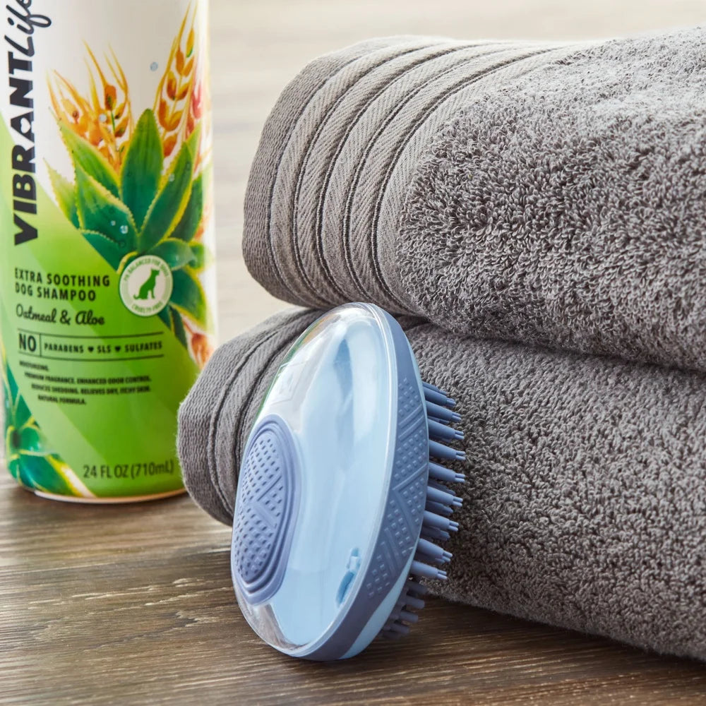Dog Grooming Brush with Shampoo Dispenser Soft Silicone Bristles Bathing and Massaging Pets