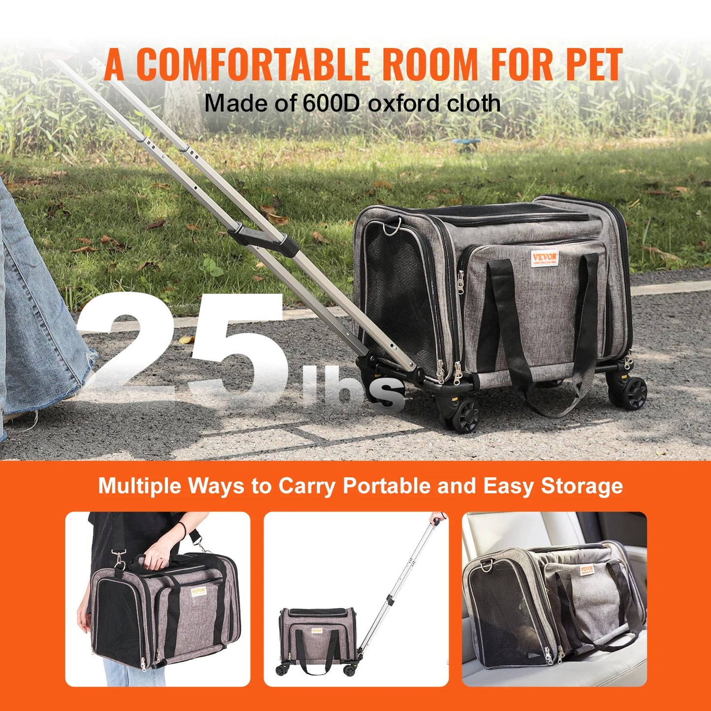 Breathable Pet Carrier with Wheels and Shoulder Strap for Travel