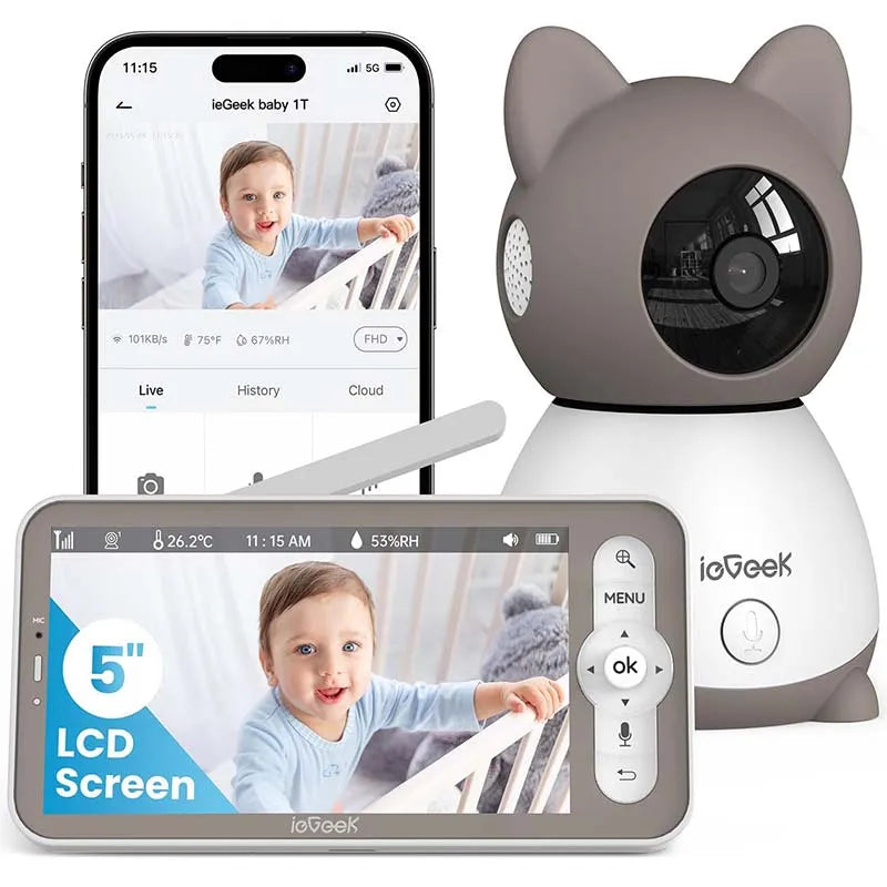 2K Camera and Audio - Video Monitor with 5" Screen - Night Vision, Two-Way Talk, Motion Detection