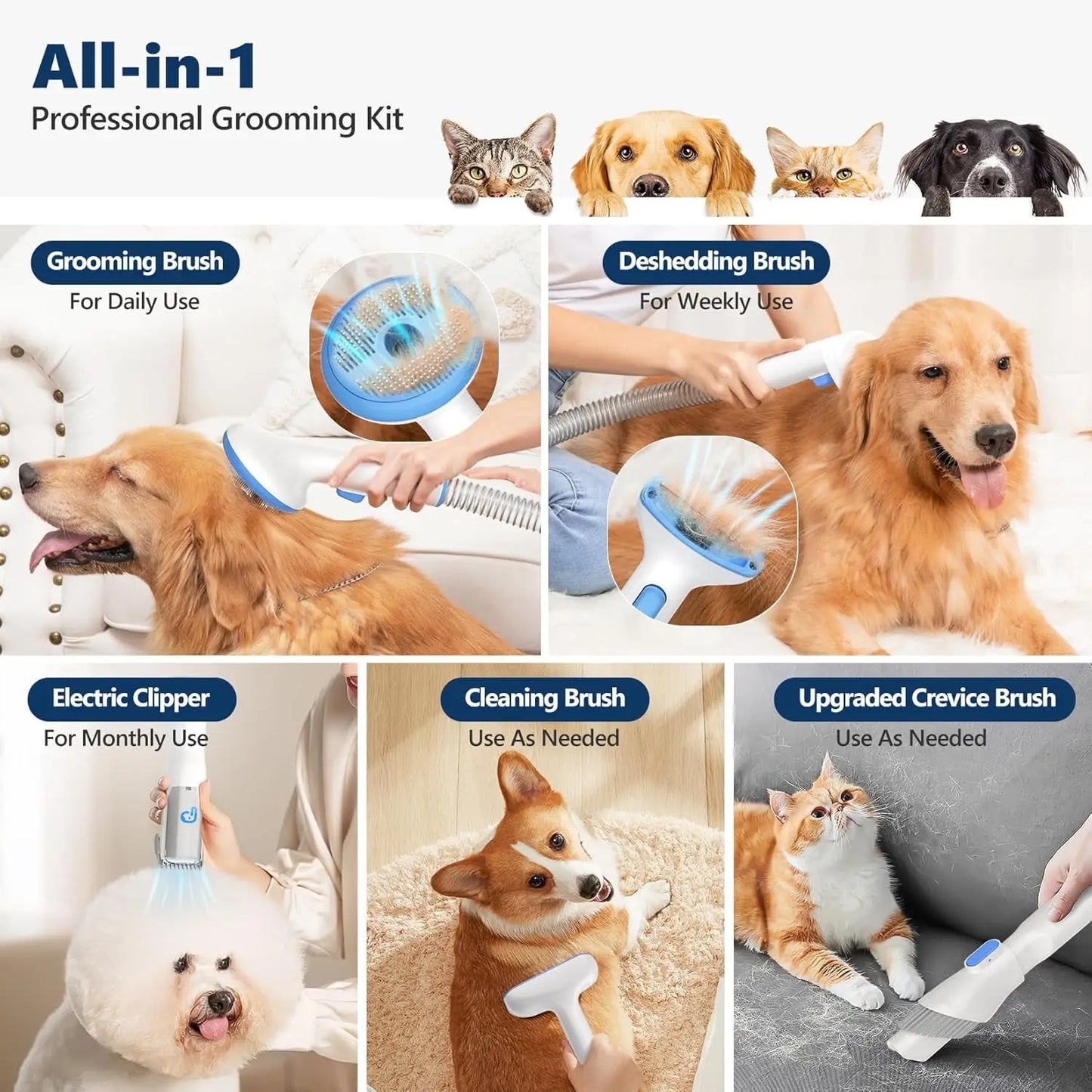 5-in-1 Pet Grooming Vacuum with Low Noise Hair Remover