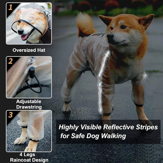 Transparent Hooded Waterproof Reflective Dog Raincoat