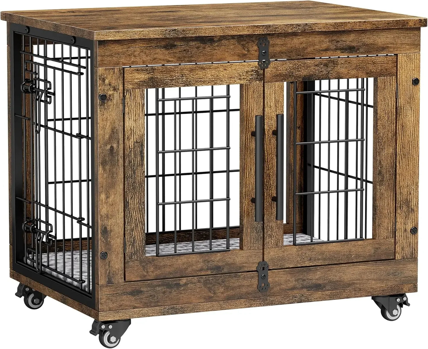Heavy Duty Double Doors Wooden Dog Kennel with Cushion & Wheels