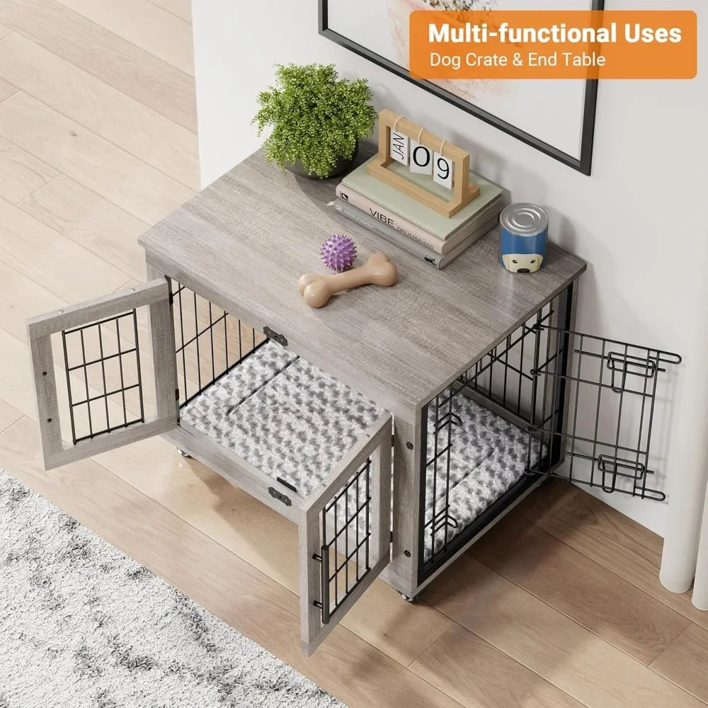 Heavy Duty Double Doors Wooden Dog Kennel with Cushion & Wheels