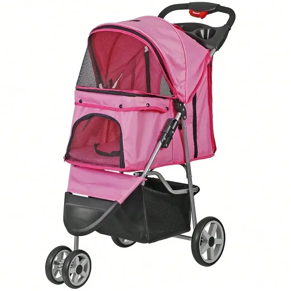 Foldable 3 Wheels Pet Stroller for Dog/ Cat with Cup Holder