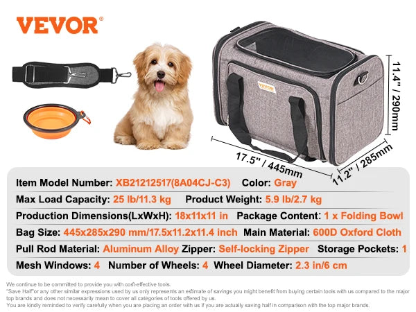 Breathable Pet Carrier with Wheels and Shoulder Strap for Travel