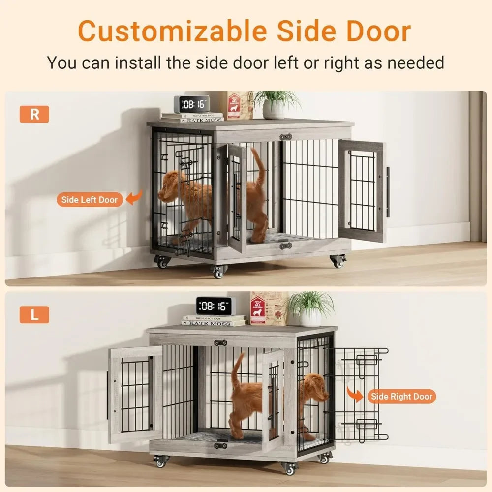 Heavy Duty Double Doors Wooden Dog Kennel with Cushion & Wheels