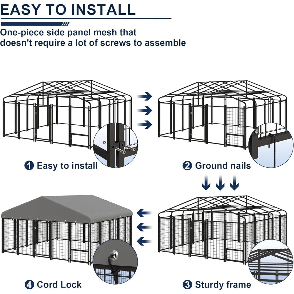 Outdoor Heavy-Duty Spacious Dog Cage with Roof and Double Locks