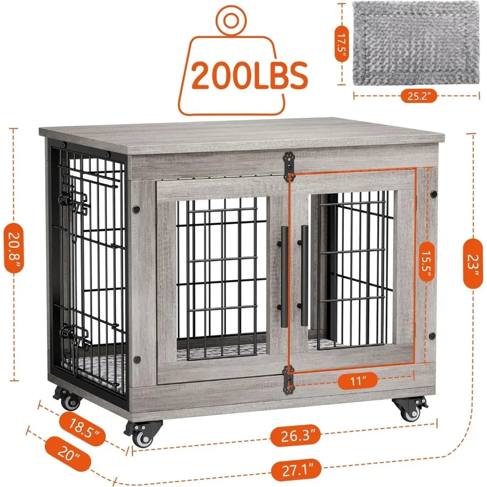 Heavy Duty Double Doors Wooden Dog Kennel with Cushion & Wheels
