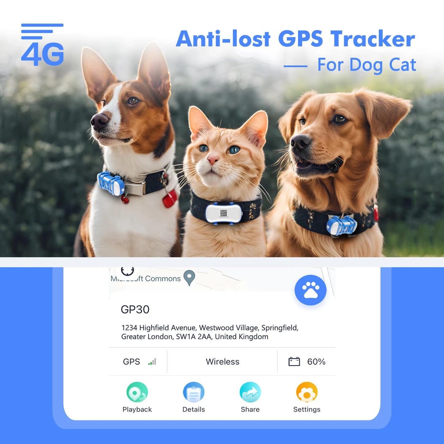 GPS Tracker Waterproof Smart Locator for Pets - with Subscription