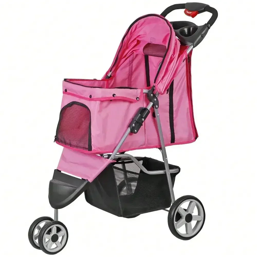 Foldable 3 Wheels Pet Stroller for Dog/ Cat with Cup Holder