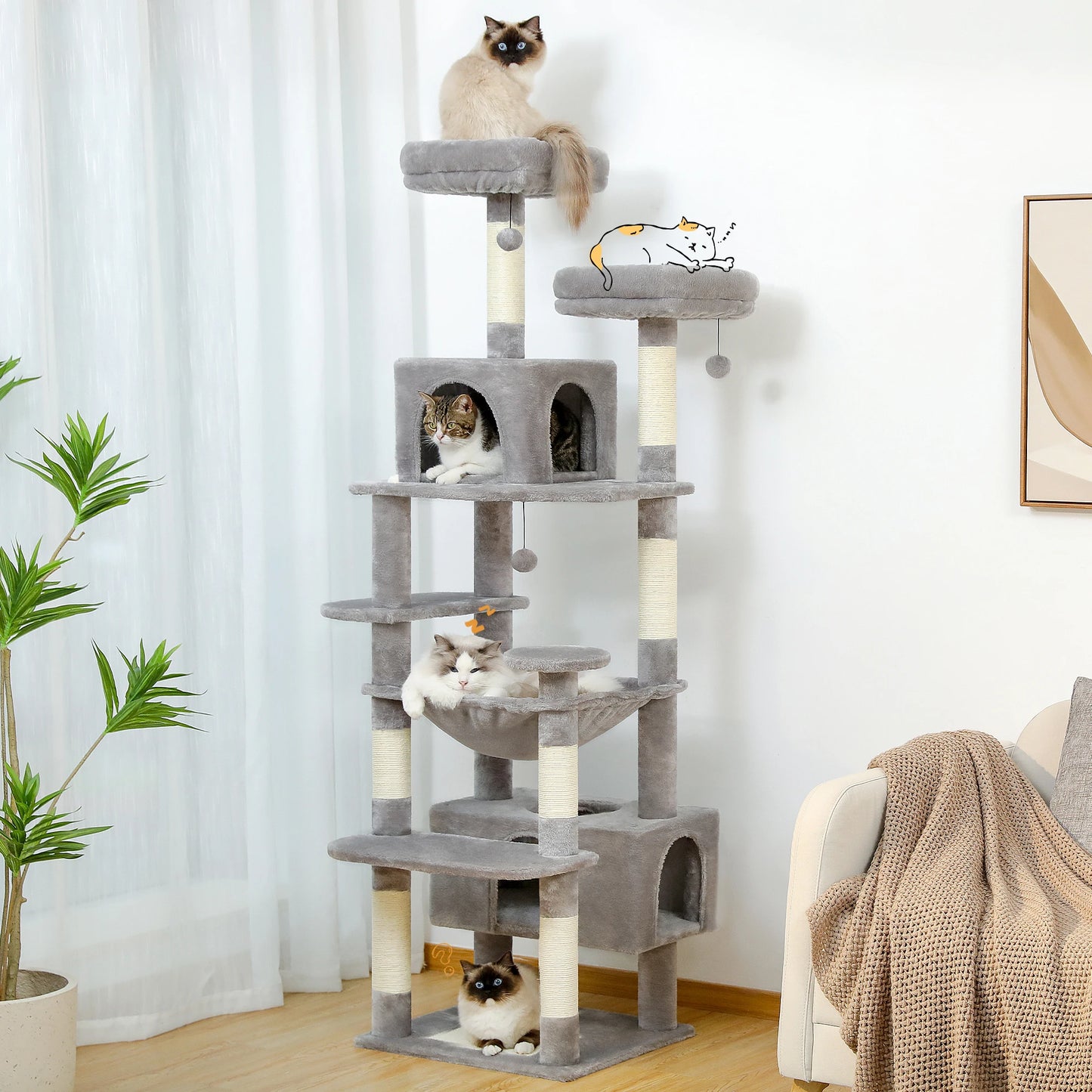 Large Spacious Indoor Cat Tree With Covered Scratching Post