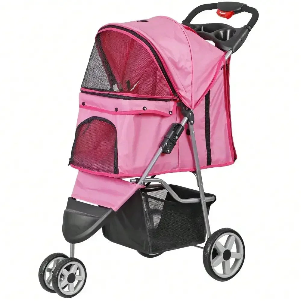 Foldable 3 Wheels Pet Stroller for Dog/ Cat with Cup Holder