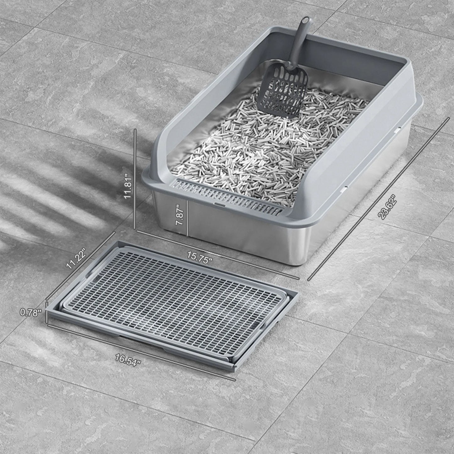 Stainless Steel Cat Litter Box Double Layer Litter Mat And Scoop Included