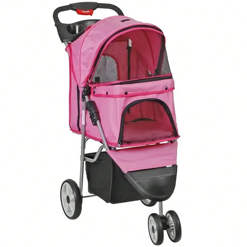 Foldable 3 Wheels Pet Stroller for Dog/ Cat with Cup Holder