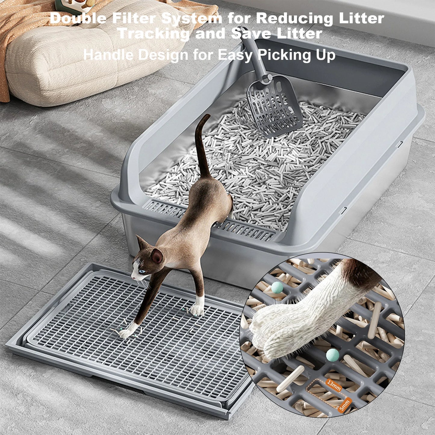 Stainless Steel Cat Litter Box Double Layer Litter Mat And Scoop Included