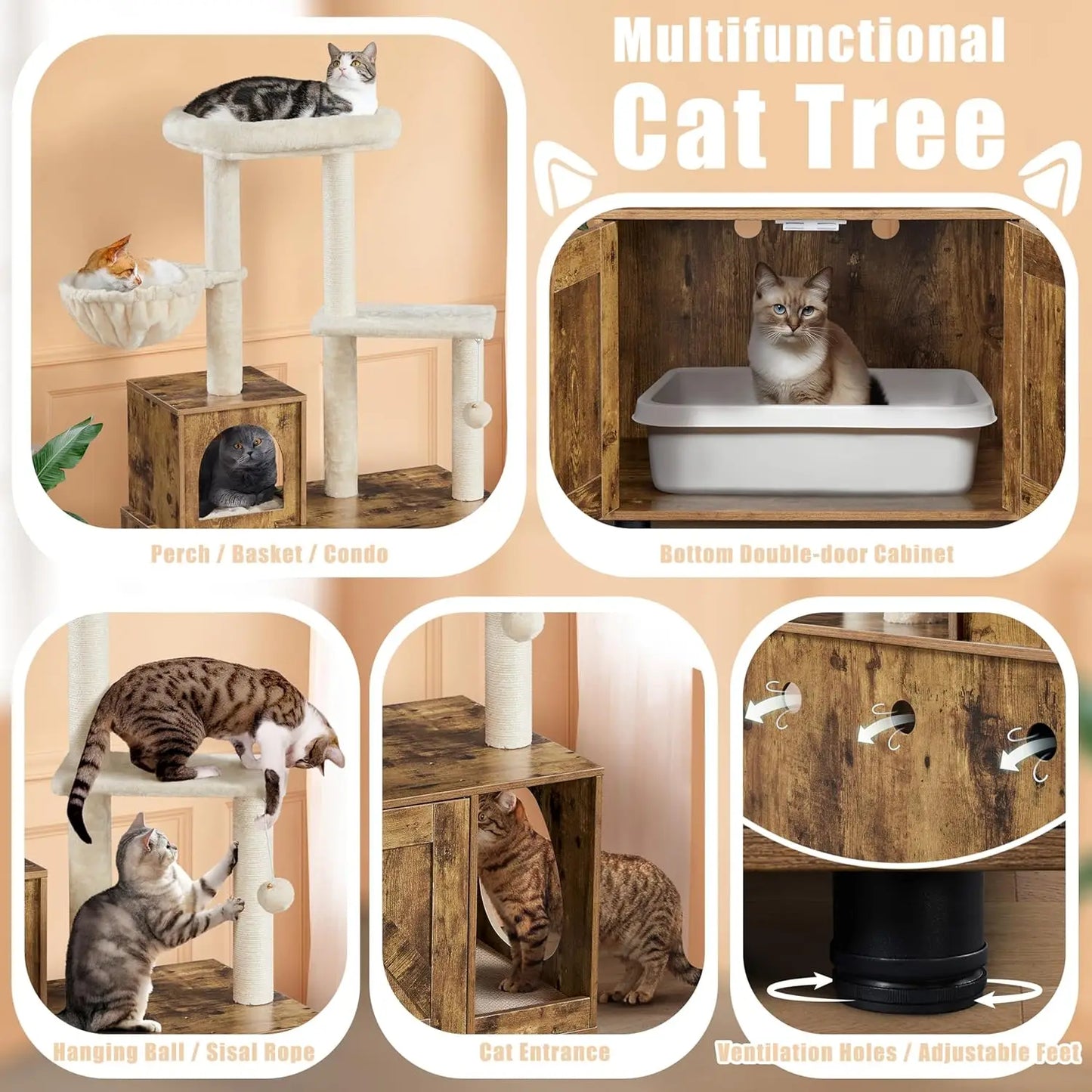 All-in-one Litter Box Enclosure with Cat Tree w/Scratching Posts