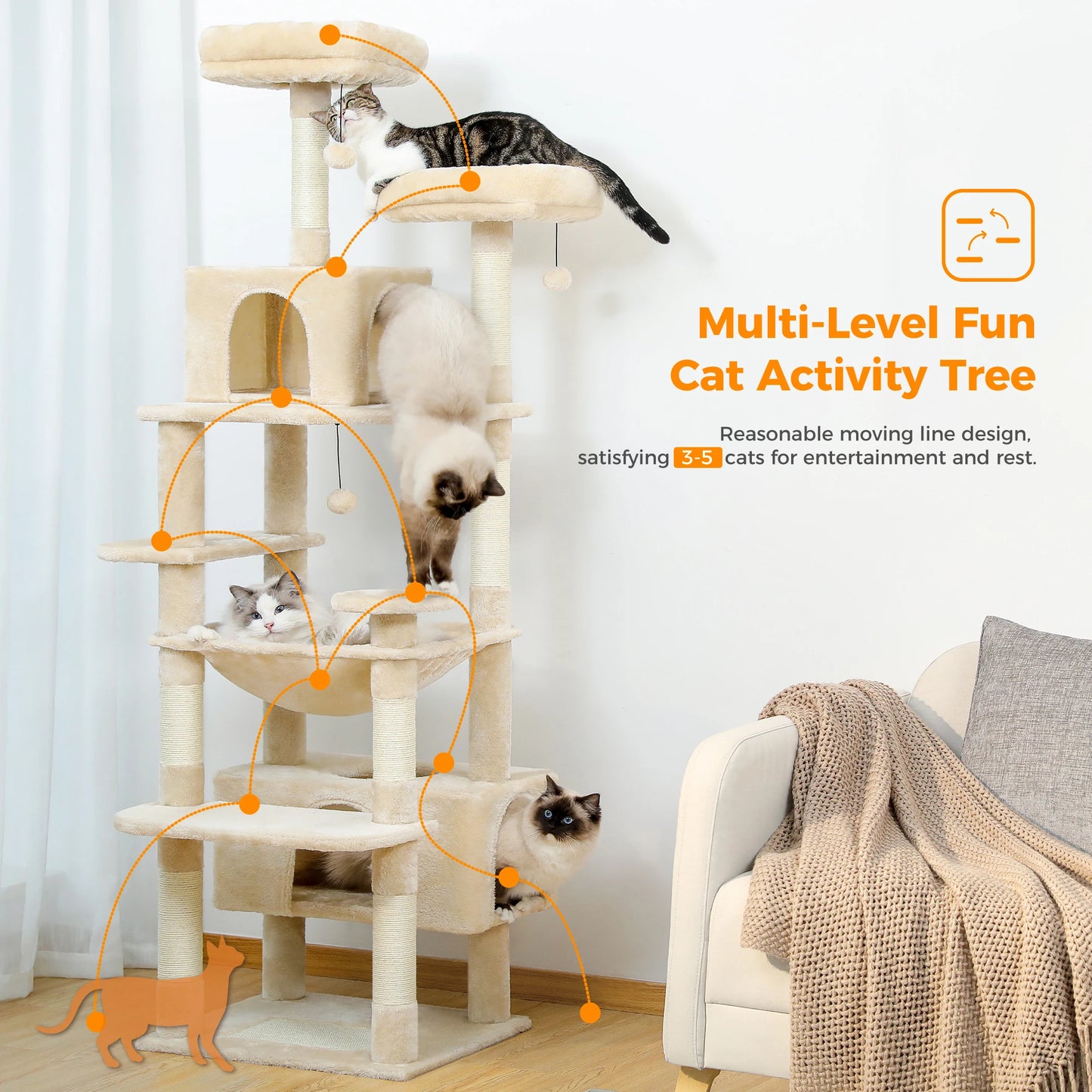 Large Spacious Indoor Cat Tree With Covered Scratching Post