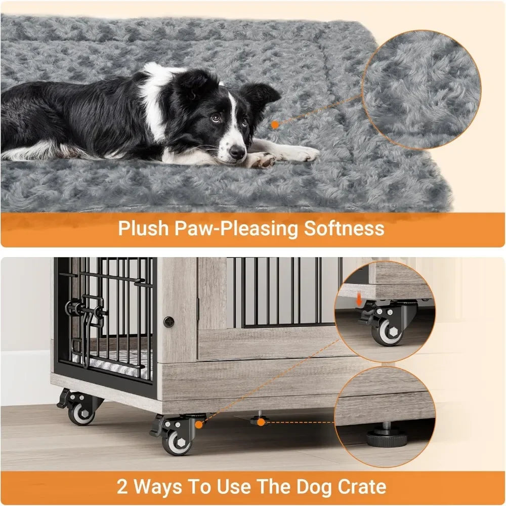 Heavy Duty Double Doors Wooden Dog Kennel with Cushion & Wheels