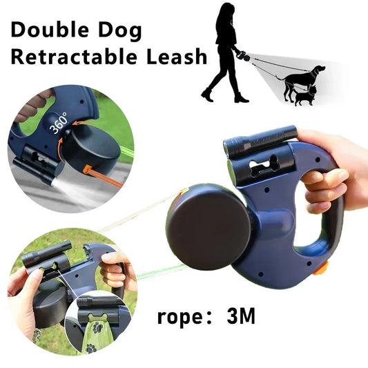Retractable Dual Dog Leash with LED Light 360 Swivel No Tangle for Each Dog