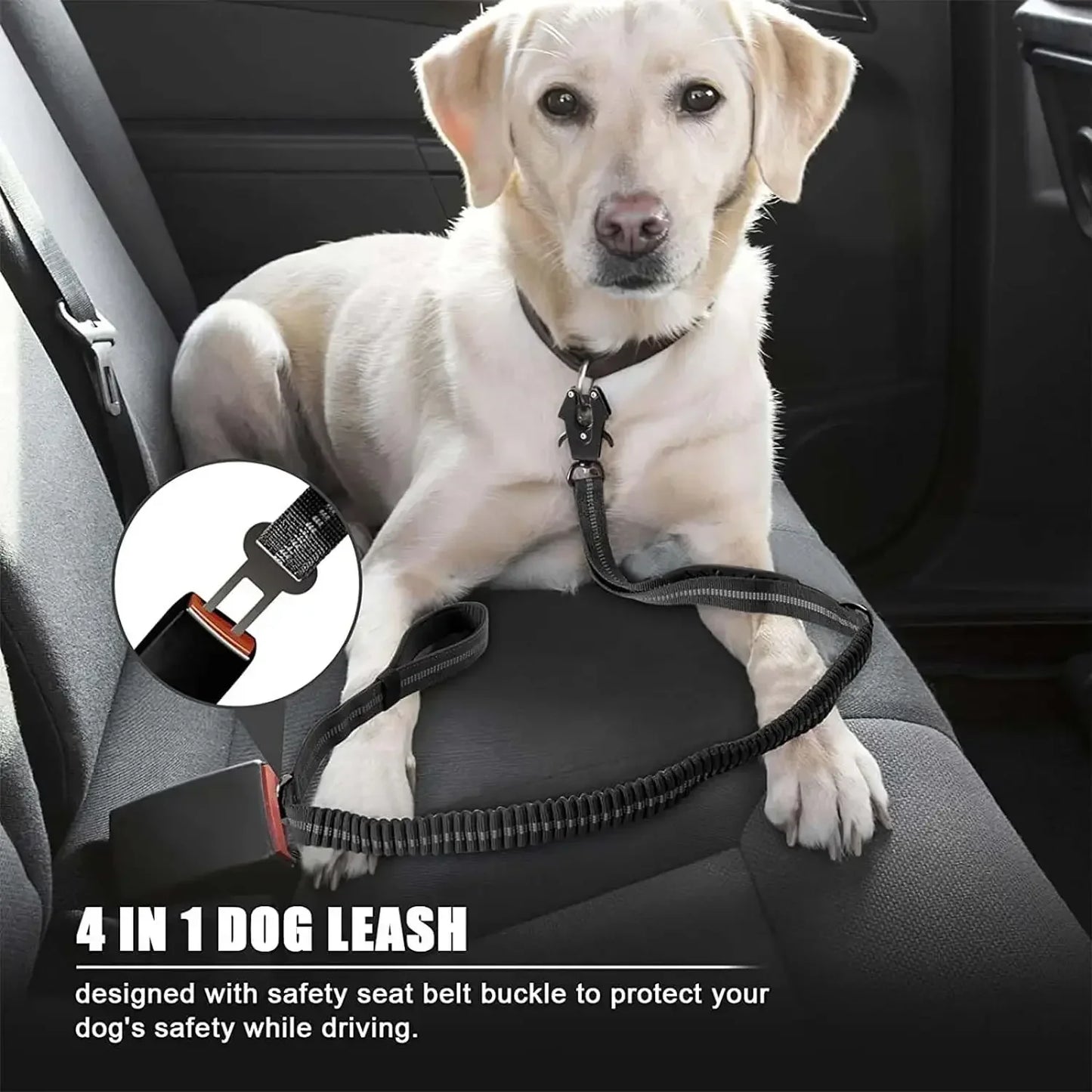 Heavy Duty No Pull Reflective Bungee Dog Leash with Car Seatbelt for Large Dogs