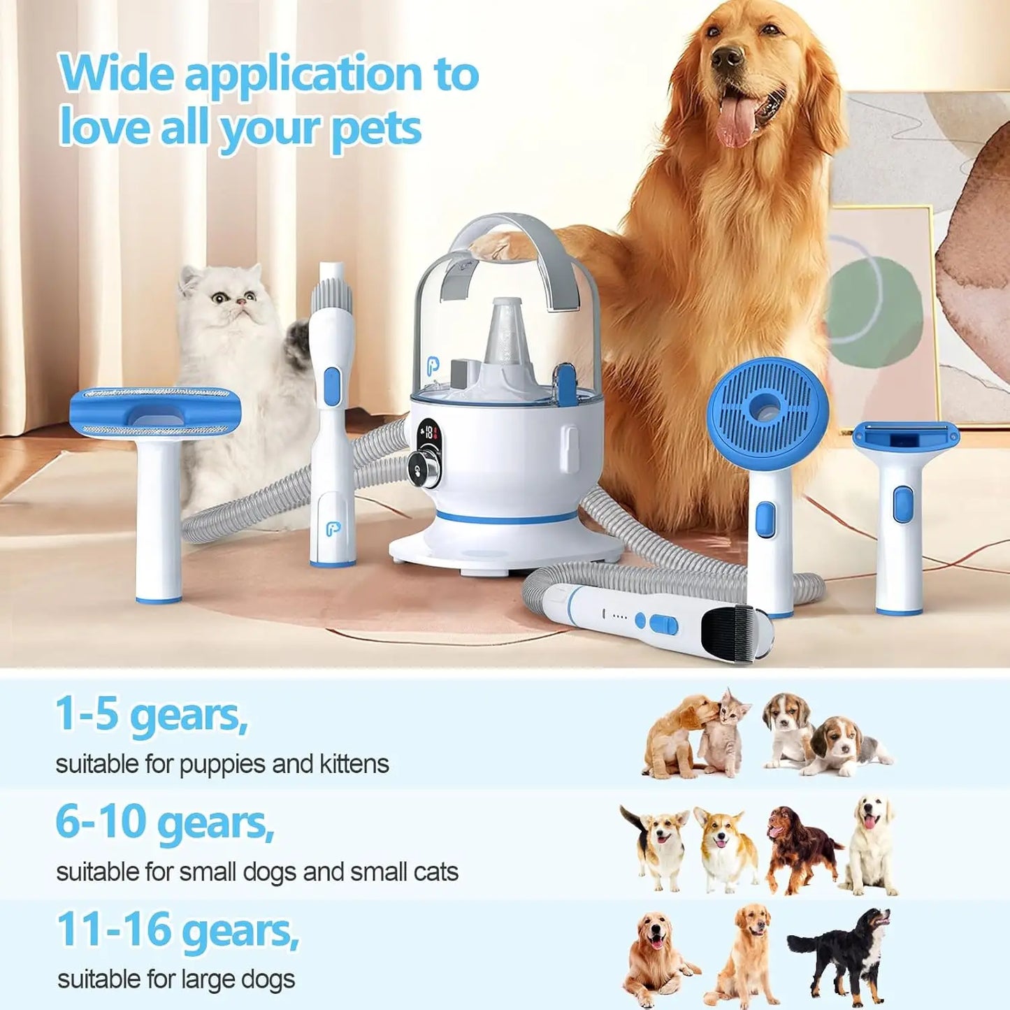 5-in-1 Pet Grooming Vacuum with Low Noise Hair Remover