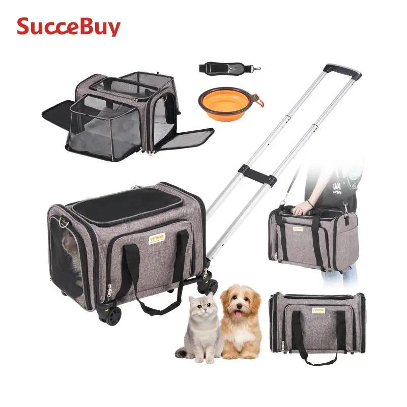Breathable Pet Carrier with Wheels and Shoulder Strap for Travel