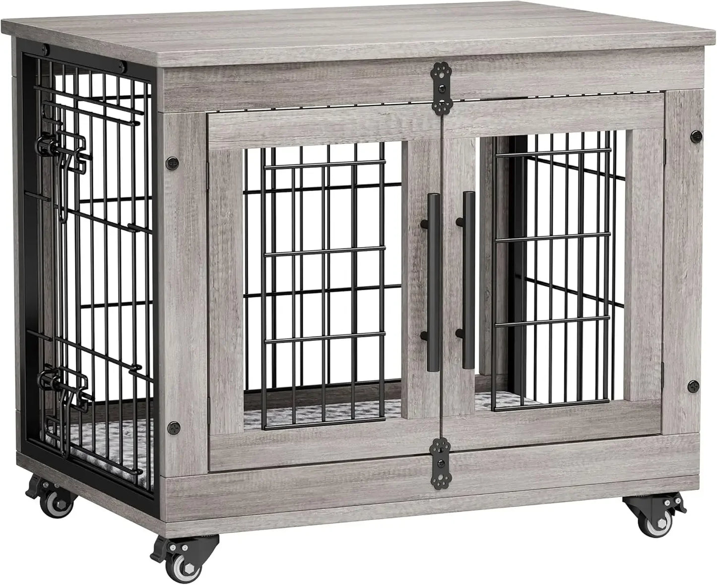 Heavy Duty Double Doors Wooden Dog Kennel with Cushion & Wheels