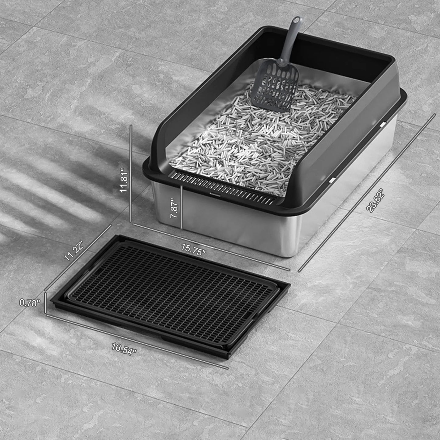 Stainless Steel Cat Litter Box Double Layer Litter Mat And Scoop Included
