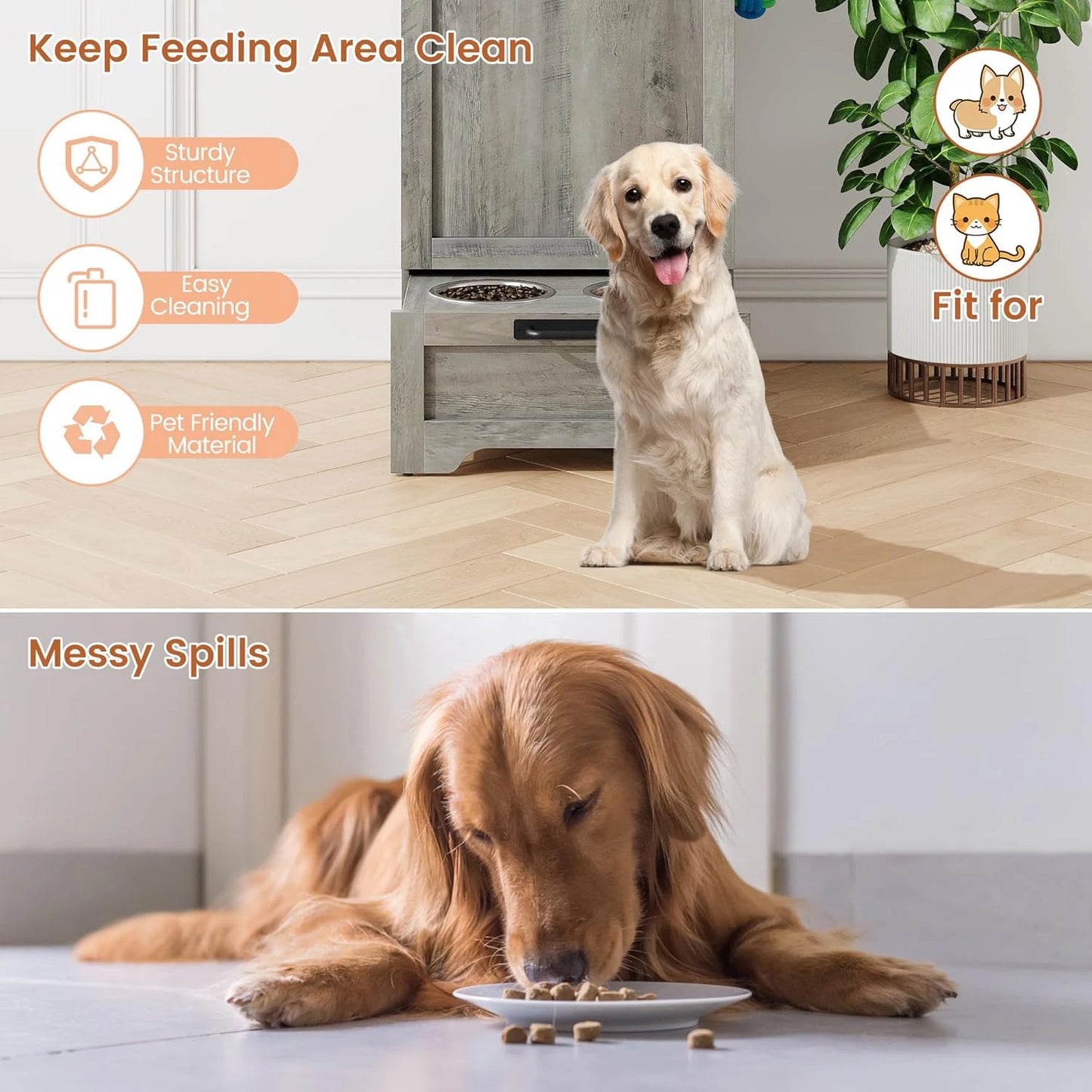 Dog Feeding Station with 2 Elevated Dog Bowls Flip Top Pet Food Cabinet Pet Food Container Pet Toys Storage Organizer