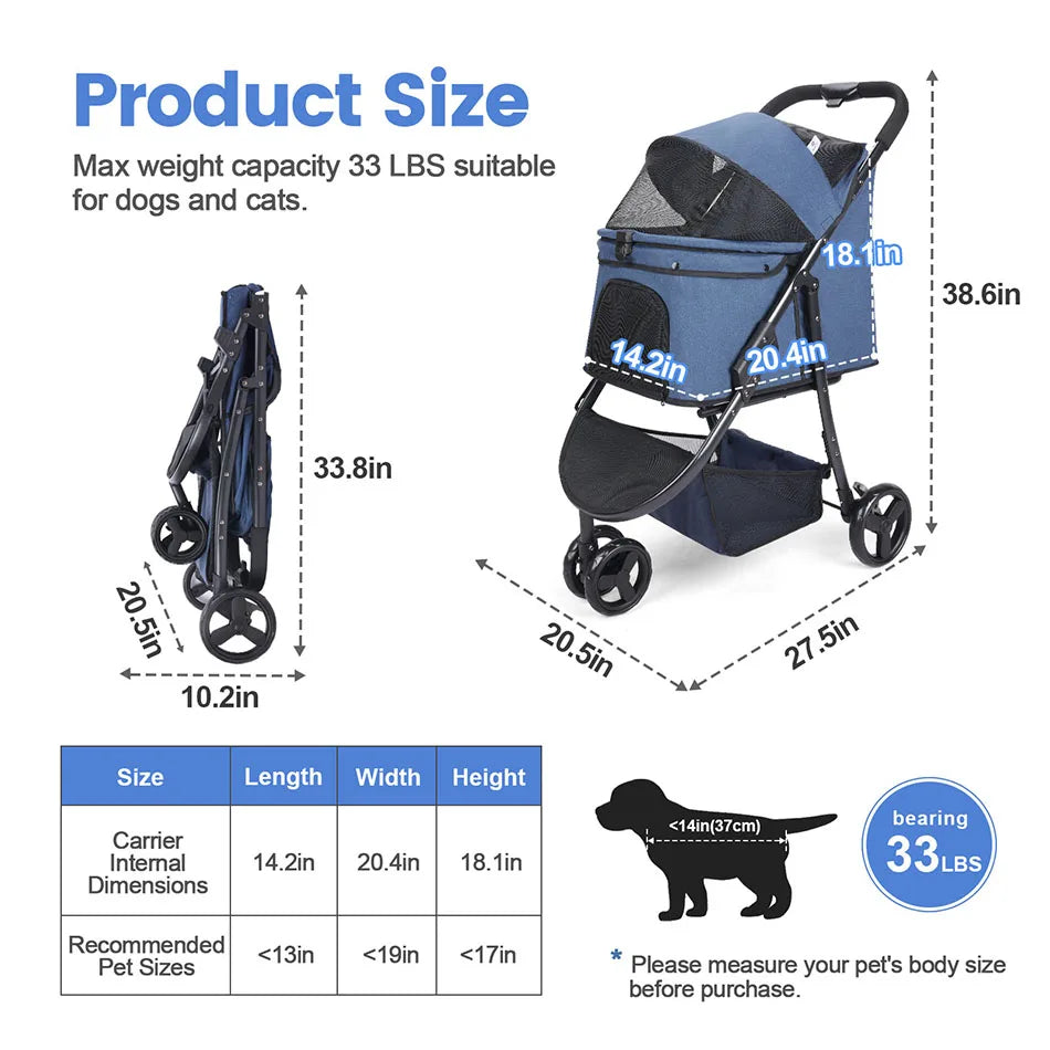 Car 3 Wheel Foldable Pet Stroller