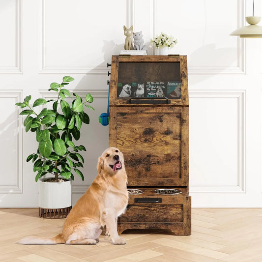 Dog Feeding Station with 2 Elevated Dog Bowls Flip Top Pet Food Cabinet Pet Food Container Pet Toys Storage Organizer