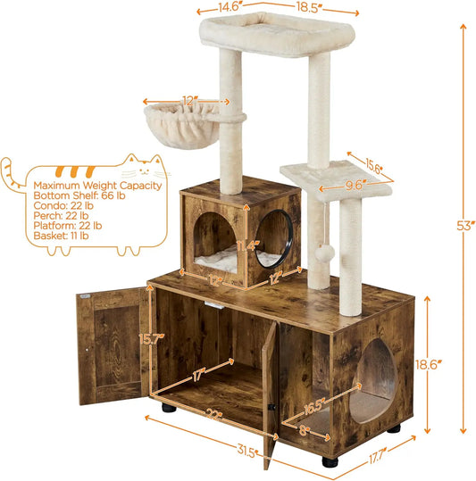 All-in-one Litter Box Enclosure with Cat Tree w/Scratching Posts