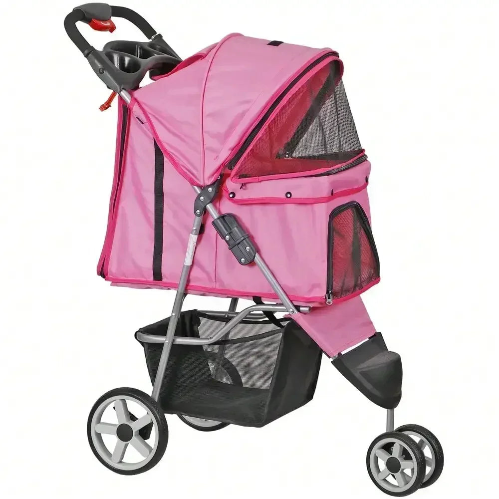 Foldable 3 Wheels Pet Stroller for Dog/ Cat with Cup Holder