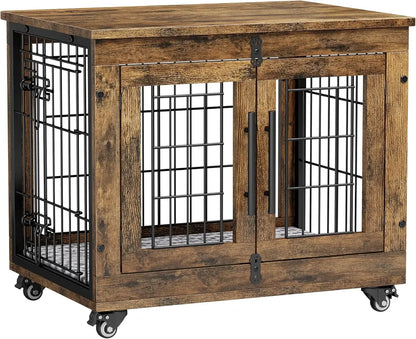 Heavy Duty Double Doors Wooden Dog Kennel with Cushion & Wheels