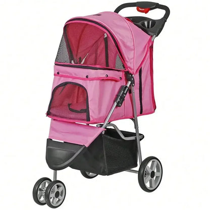 Foldable 3 Wheels Pet Stroller for Dog/ Cat with Cup Holder