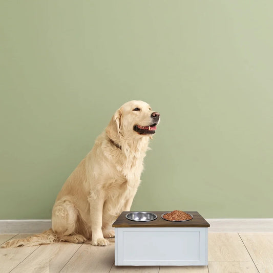 Solid Wood Stand with Storage, Two Bowls and Easy Assembly
