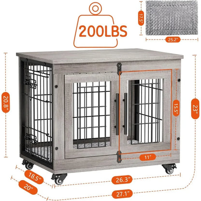 Heavy Duty Double Doors Wooden Dog Kennel with Cushion & Wheels