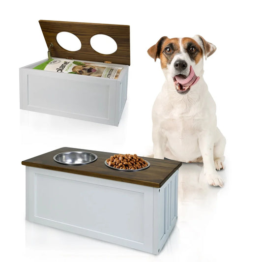 Solid Wood Stand with Storage, Two Bowls and Easy Assembly
