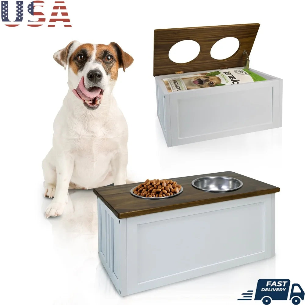 Solid Wood Stand with Storage, Two Bowls and Easy Assembly