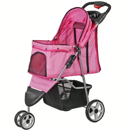 Foldable 3 Wheels Pet Stroller for Dog/ Cat with Cup Holder