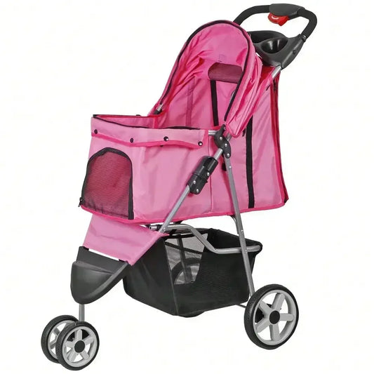 Foldable 3 Wheels Pet Stroller for Dog/ Cat with Cup Holder