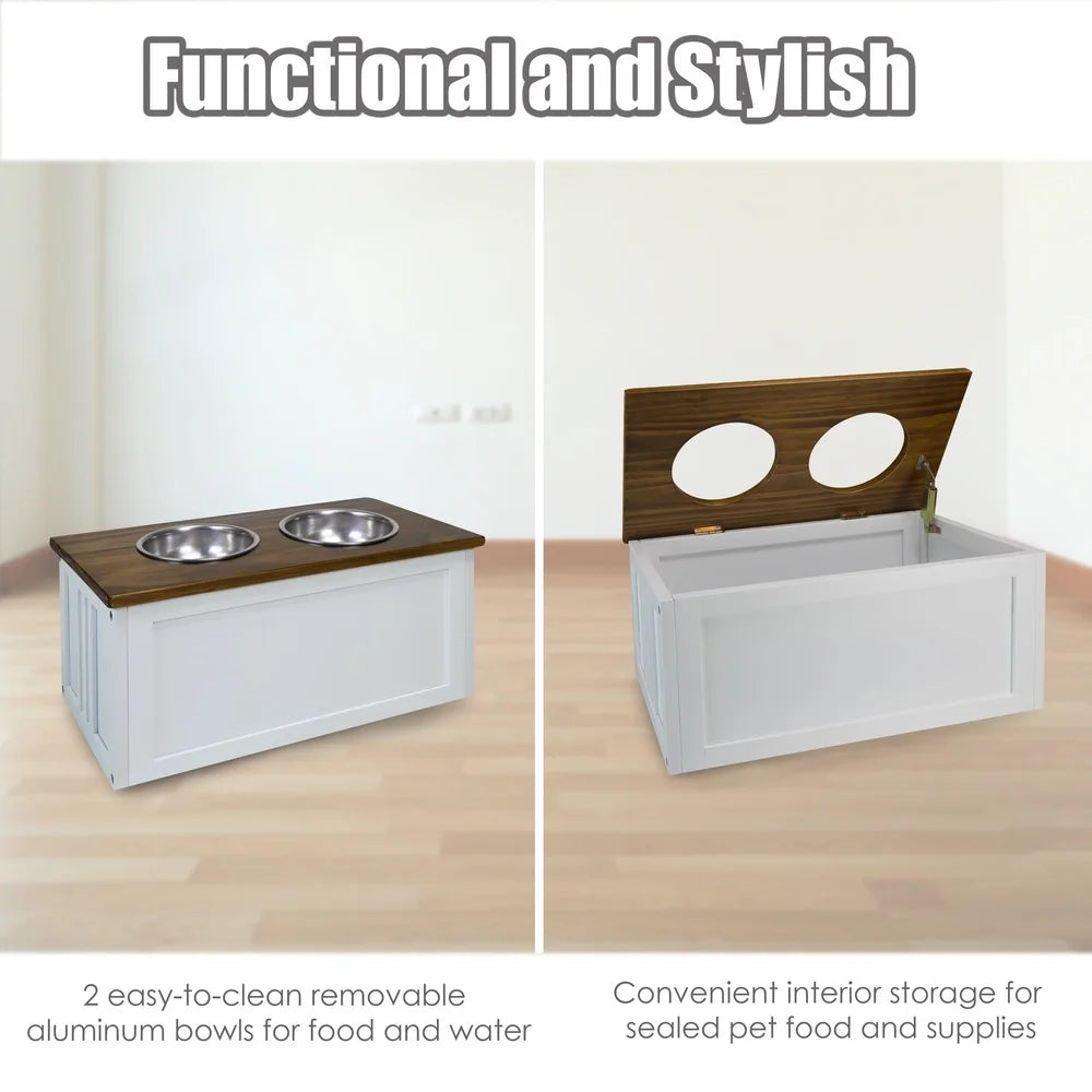 Solid Wood Stand with Storage, Two Bowls and Easy Assembly