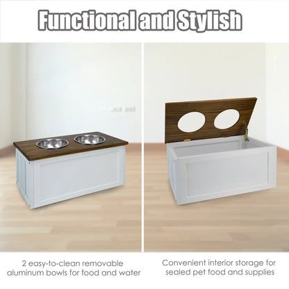 Solid Wood Stand with Storage, Two Bowls and Easy Assembly