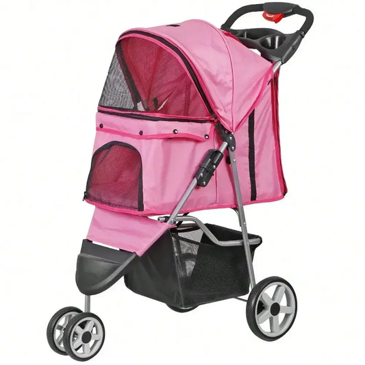 Foldable 3 Wheels Pet Stroller for Dog/ Cat with Cup Holder