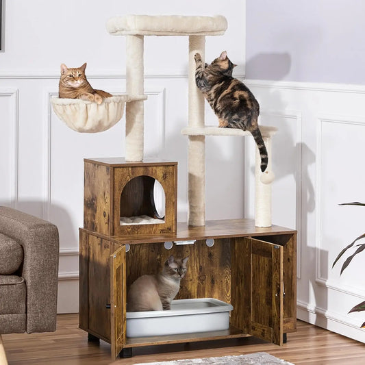 All-in-one Litter Box Enclosure with Cat Tree w/Scratching Posts
