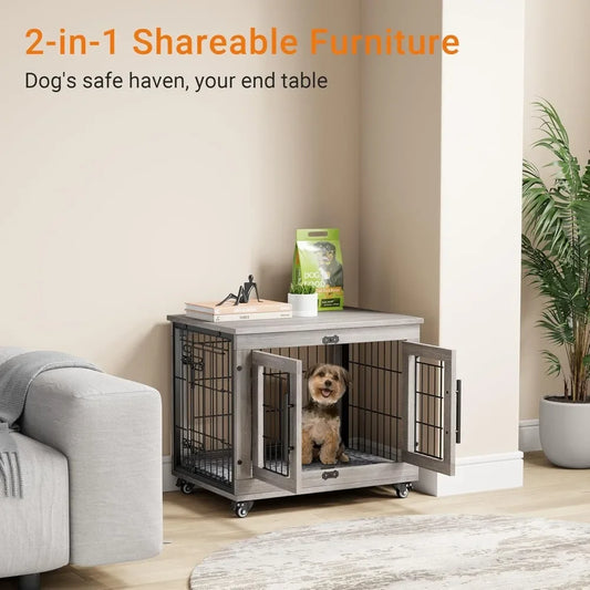 Heavy Duty Double Doors Wooden Dog Kennel with Cushion & Wheels