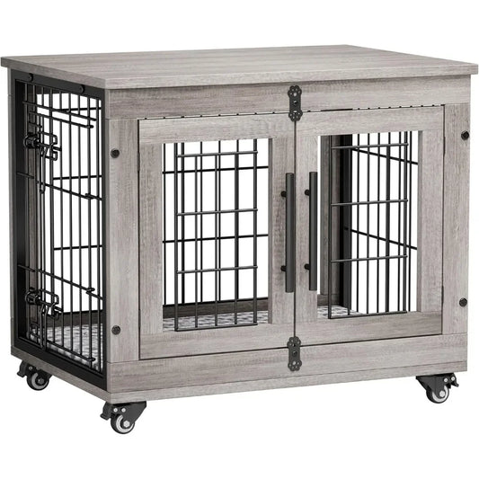 Heavy Duty Double Doors Wooden Dog Kennel with Cushion & Wheels