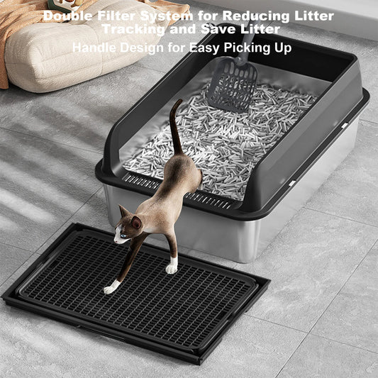 Stainless Steel Cat Litter Box Double Layer Litter Mat And Scoop Included