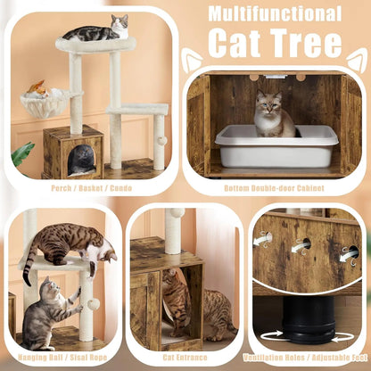 All-in-one Litter Box Enclosure with Cat Tree w/Scratching Posts